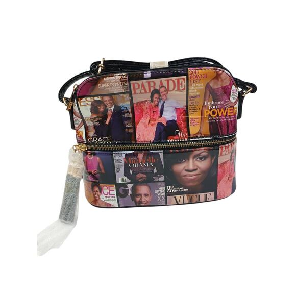 Crossbody Michelle Obama Shoulder Bag Hologram Magazine Print New Tassel Zipper - Picture 2 of 4